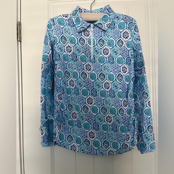 IBKUL Tops - IBKUL Long Sleeve Zip Mock Neck Terra Seafoam Blue Shirt Adjustable Length Sz M